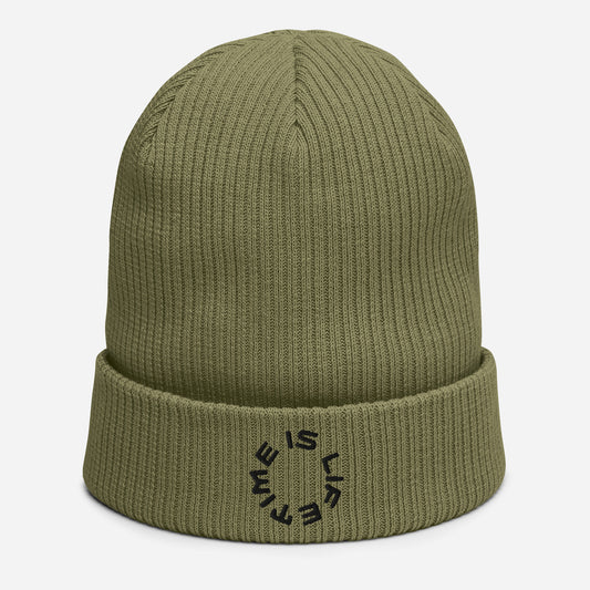 TIME IS LIFE small CIRCLE Organic ribbed beanie