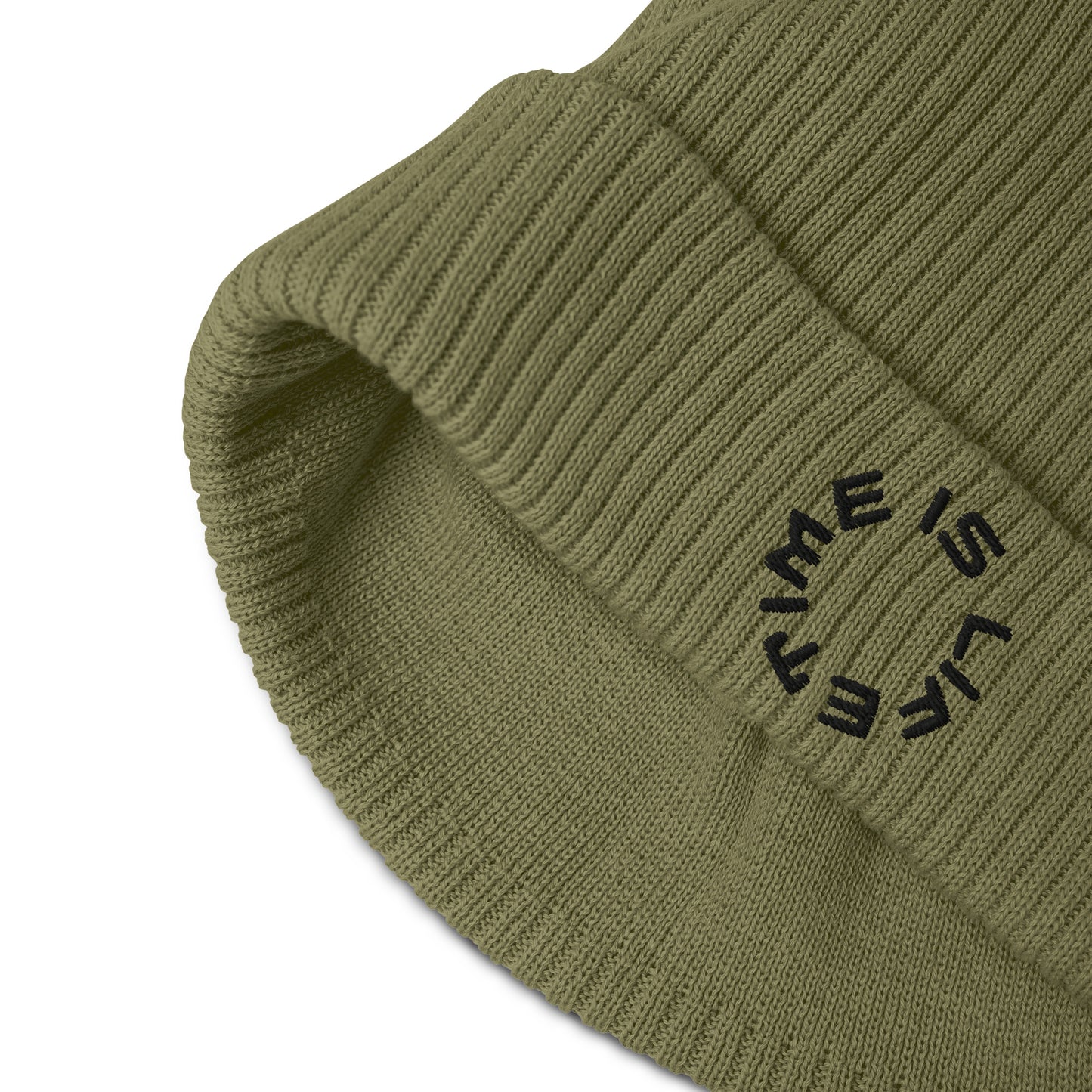 TIME IS LIFE small CIRCLE Organic ribbed beanie