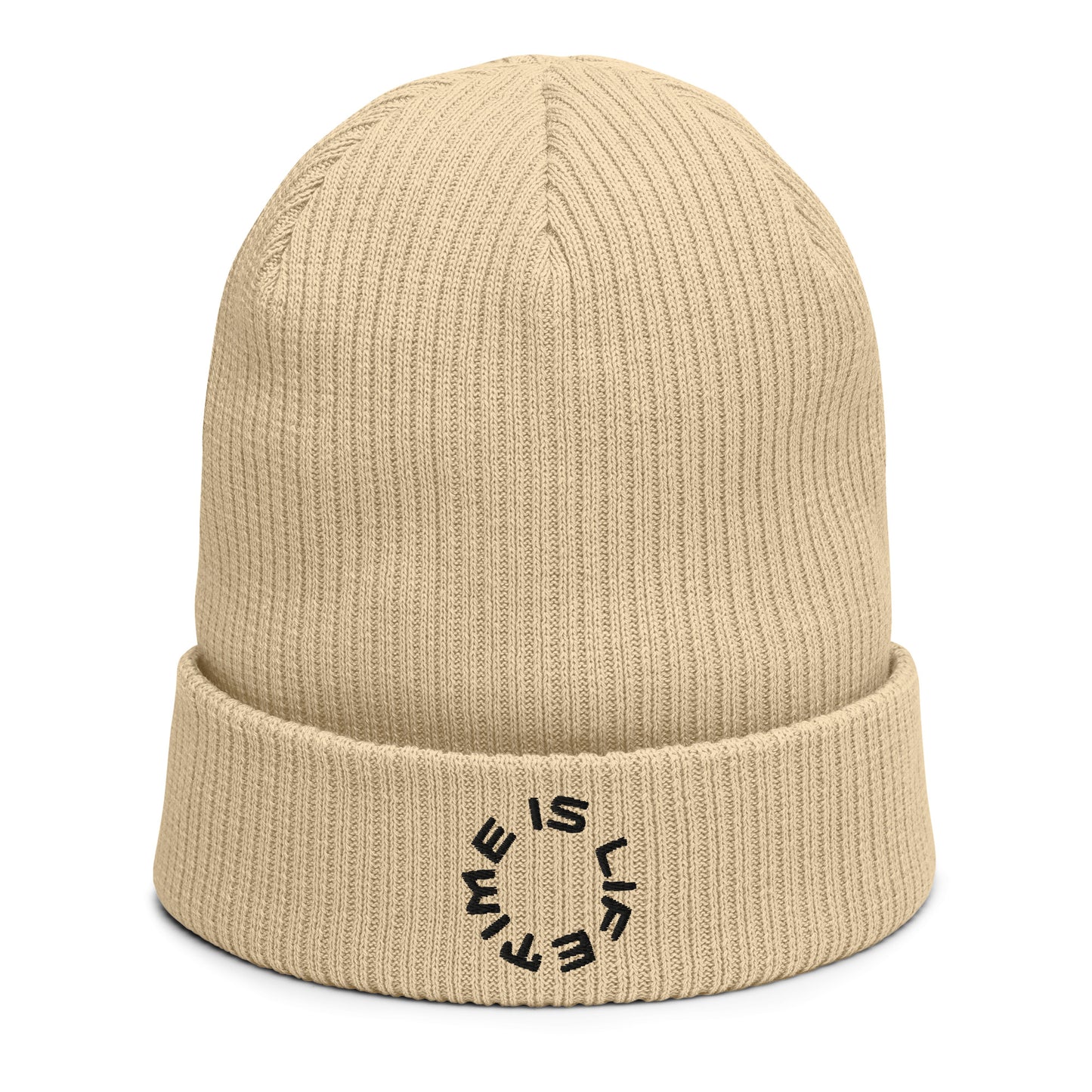 TIME IS LIFE small CIRCLE Organic ribbed beanie